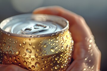 A detailed close-up capturing a hand firmly gripping a cold beverage can, with condensation beads creating a refreshing texture on the metal surface.