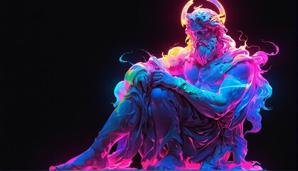 colorful neon light glowing god zeus greek statue on p plain black background from Generative AI