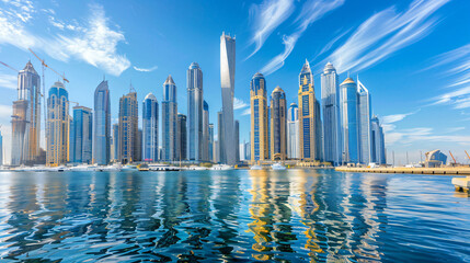 Dubai Marina with modern skyscrapers at sunny day. Dubai