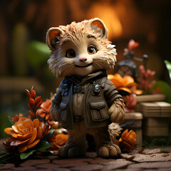 Cute little fox in a military uniform on the background of flowers