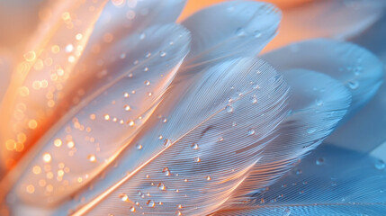 Close-up of delicate bird feathers with water drops and soft lighting