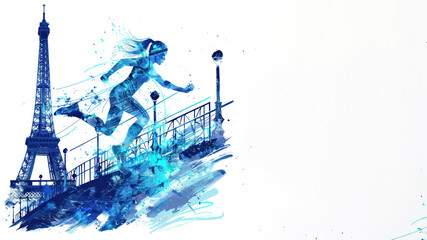 Blue painting of athletes jumping over hurdles by the Eiffel Tower