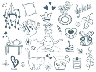 Home rest and relaxation concept. Girl meditates surrounded by cute cozy things at home, doodle sketch style illustration. Set of hand drawn icons of meditation, relaxation, recuperation, vector graph