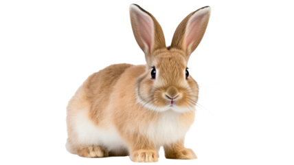 Brown rabbit, sitting. Looking towards camera. Isolated cutout on transparent background.

