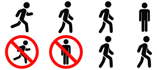 Walk icon. Run icon. Walking and running sign. Man stands, walk and run icon set . People symbol . Vector illustration