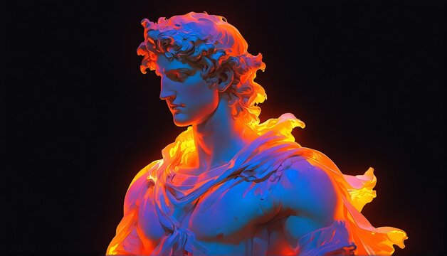 orange neon light glowing god apollo greek statue on p plain black background from Generative AI