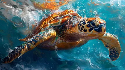 Tuinposter Beautiful sea turtle swimming © Tariq