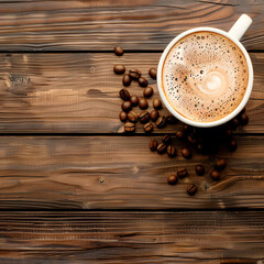  A coffee cup and coffee beans against on wooden background