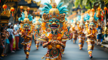 Traditional festival procession with dancers in vibrant costumes and masks
