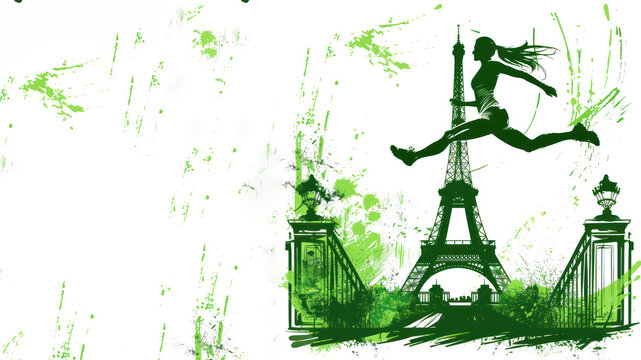 Green painting of athletes jumping over hurdles by the Eiffel Tower