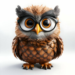 Cute owl with glasses isolated on white background. 3D rendering.