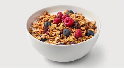 A close up view of a bowl of a healthy morning meal with fresh granola, yogurt and berries. Bowl of...