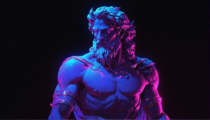 Fototapeta na wymiar purple neon light glowing god zeus greek statue on pla plain black background from Generative AI