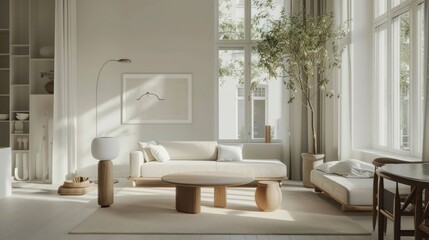 Comfortable living room, modern classic Scandinavian style house interior, with comfortable sofa couch chair, mock up decoration with poster frames on the wall.. Natural light from the window. - Powered by Adobe