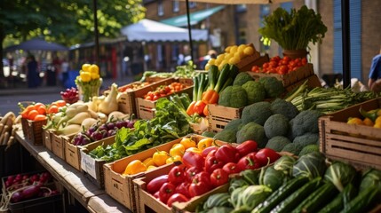 A vibrant display of assorted vegetables at a bustling market