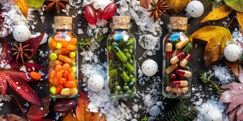Seasonal Health Concept with Vitamin Capsules Among Nature Elements