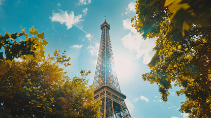 Eiffel Tower against the sky with green trees in Paris