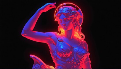 red neon light glowing goddess athena greek statue on plain black background from Generative AI