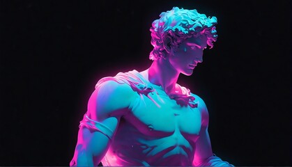 teal neon light glowing god apollo greek statue on pla plain black background from Generative AI - obrazy, fototapety, plakaty
