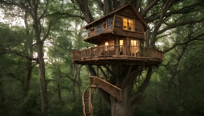 Fototapeta na wymiar A cozy treehouse nestled high in the branches of a upscaled 2