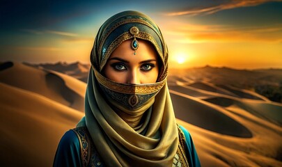 A beautiful woman with blue eyes and make up in a hijab on the desert background. Ai generated