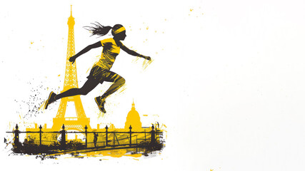 Yellow painting of athletes jumping over hurdles by the Eiffel Tower