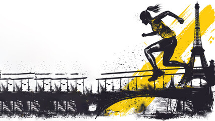 Fototapeta na wymiar Yellow painting of athletes jumping over hurdles by the Eiffel Tower