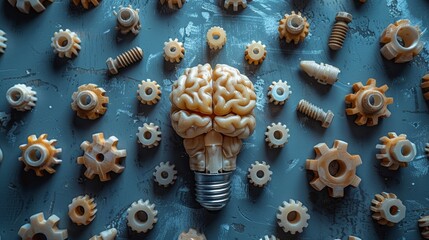 Visually striking depiction of a brain made from light bulb surrounded by gears on a textured surface, symbolizing creativity, intelligence, and mechanical thinking. - 793857005