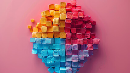 Strikingly creative design of a brain silhouette made from colorful gradient cubes on a pink background, evoking themes of creativity, intelligence, and innovation.