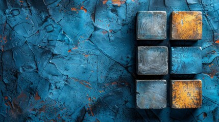 Wooden blocks creatively arranged on a vibrant blue and orange textured backdrop, showcasing an abstract and artistic visual theme.