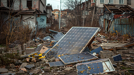 old solar panels on a landfill with a sunset in the background. Environmental degradation and pollution