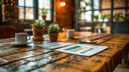 Warm and inviting business setting in a rustic cafe with a coffee cup, potted plants, and visible business charts on a wooden table.