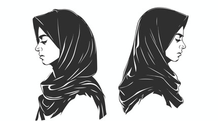 Black and white silhouette of arabian woman in hijab. - obrazy, fototapety, plakaty
