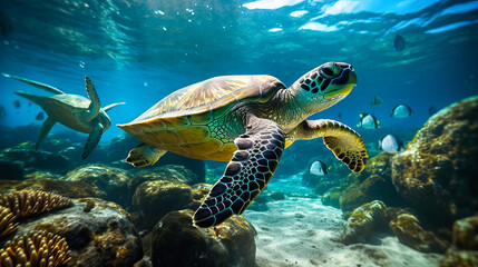 Flock of sea turtles swims underwater in the ocean