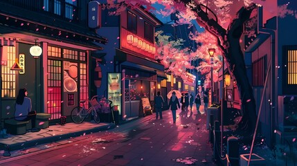 AI generated illustration of a vibrant city street scene at night with people walking - obrazy, fototapety, plakaty