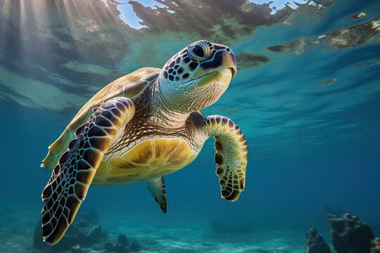 Sea turtle swims underwater in the ocean. World Turtle Day concept