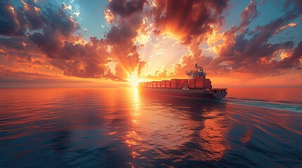 A large container ship sailing across the ocean at evening sunset with cargo ships for import and export logistics and world trade - obrazy, fototapety, plakaty