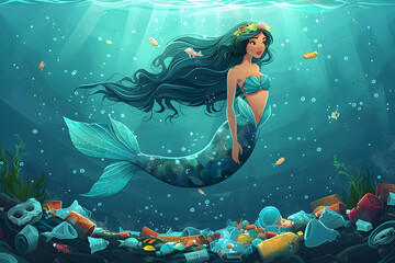 A fairy-tale mermaid at the bottom of a trash-polluted ocean