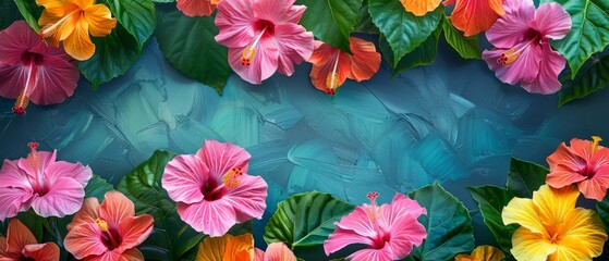 Sale ad, minimalist tropical paradise, border of hibiscus flowers, vivid colors,