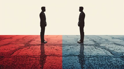 Image of two men standing face to face, divided by a contrasting red and blue background, symbolizing different leadership styles or business competition and strategy. - 793858655