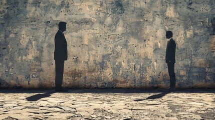 Artistic depiction of two male silhouettes in business suits standing opposite each other on a cracked earth surface, against a textured wall. - 793858666