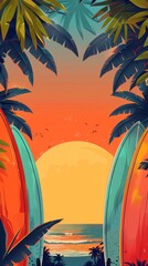Fototapeta na wymiar Surfboards and beach towels border, fun summer sales banner, warm sunset colors, promotional design