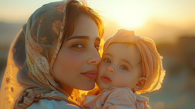 A mother holds her baby girl up and kisses her against a clear sky outdoors on a sunny day in Pakistan
