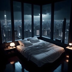 beautiful cozy, cramped bedroom with floor to ceiling glass windows overlooking a cyberpunk city at night, view from top of skyscraper