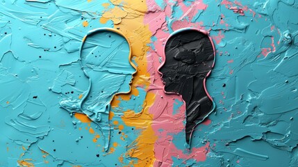Artistic representation of gender equality, featuring male and female silhouettes merged against a vibrant multicolored textured background. This piece conveys unity and balance.