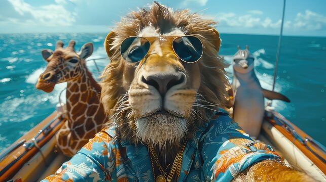 a scene from camera front phone, lion taking selfie picture on a yacht