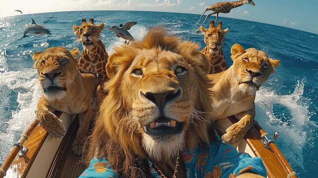 a scene from camera front phone, lion taking selfie picture on a yacht