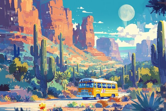 A travel poster of the road, an orange bus driving on a desert highway with cacti and mountains in the background, a full moon, pastel colors