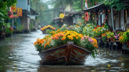 A traditional Thai boat laden with flowers and offerings