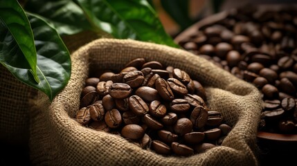 Fototapeta premium Close-up of organic coffee beans on burlap, with coffee plants in background